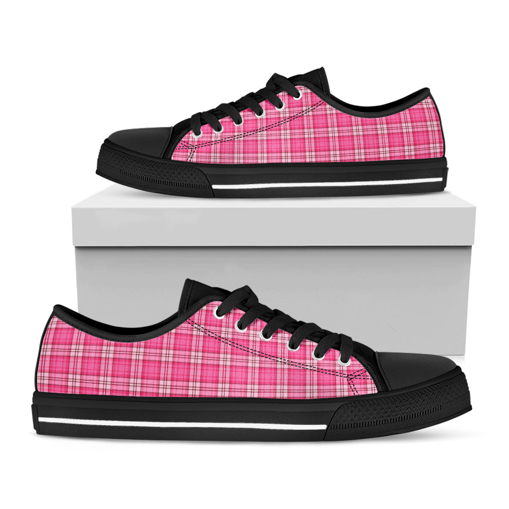 Pink And White Tartan Pattern Print Black Low Top Shoes
