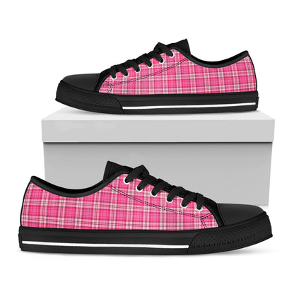 Pink And White Tartan Pattern Print Black Low Top Shoes