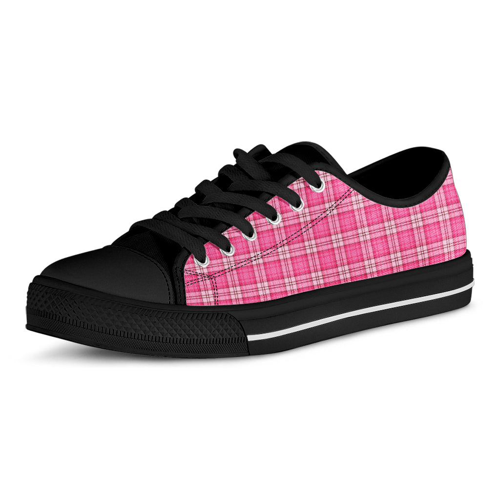 Pink And White Tartan Pattern Print Black Low Top Shoes