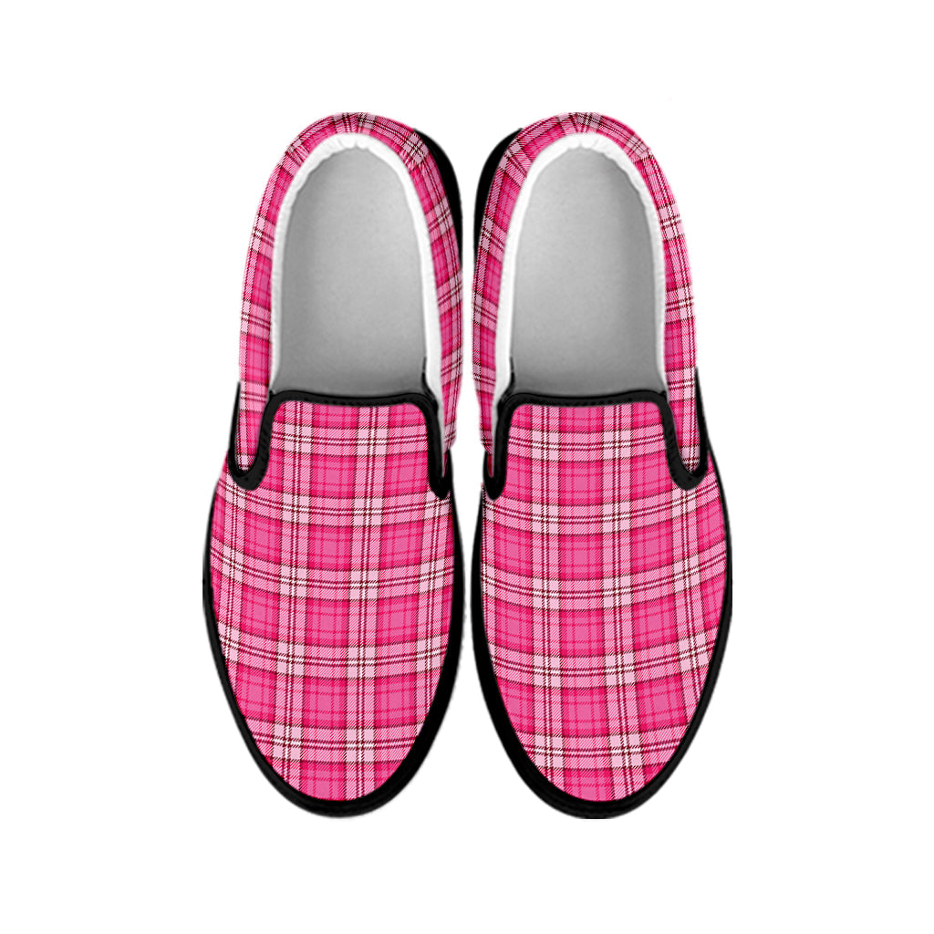 Pink And White Tartan Pattern Print Black Slip On Shoes