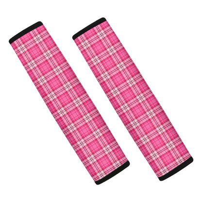 Pink And White Tartan Pattern Print Car Seat Belt Covers
