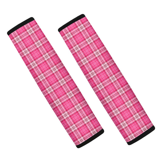 Pink And White Tartan Pattern Print Car Seat Belt Covers