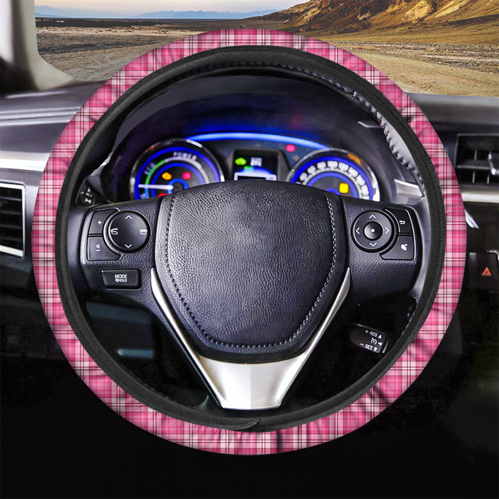 Pink And White Tartan Pattern Print Car Steering Wheel Cover