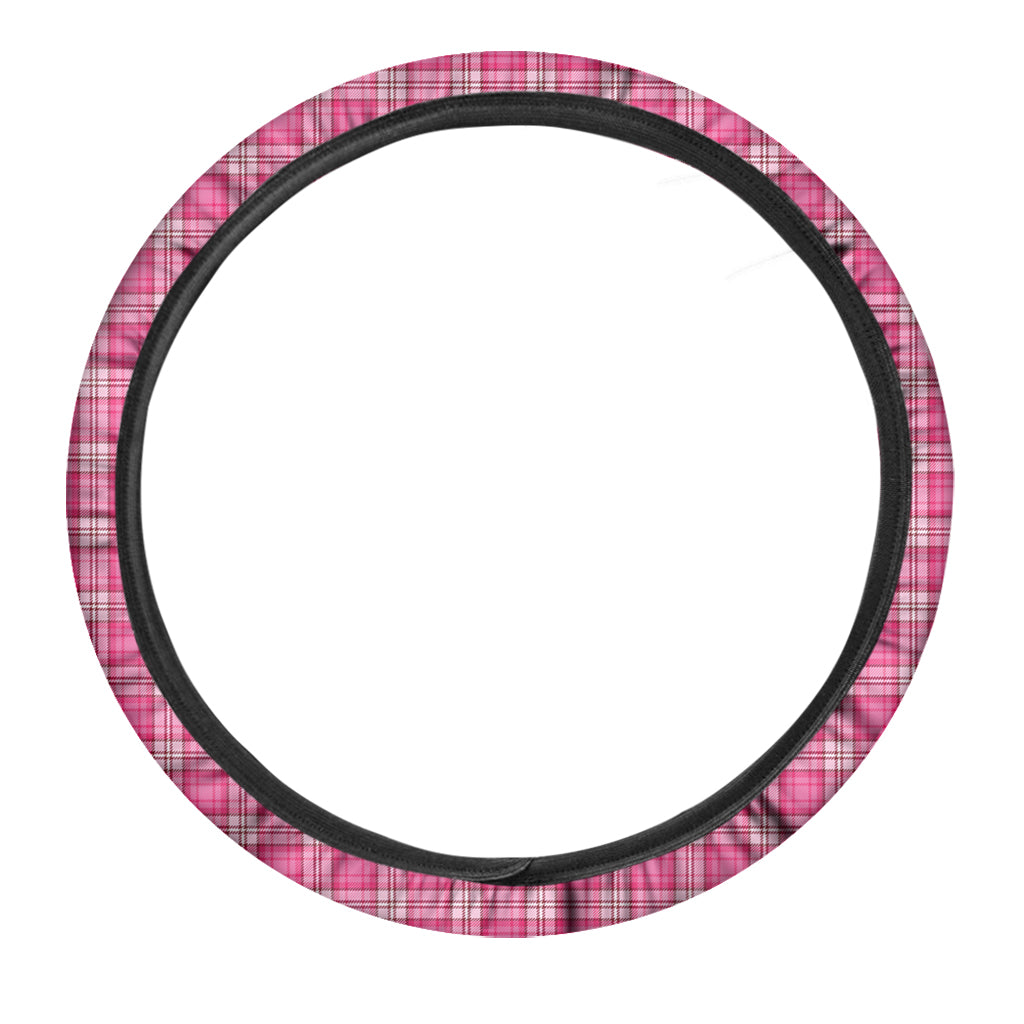 Pink And White Tartan Pattern Print Car Steering Wheel Cover
