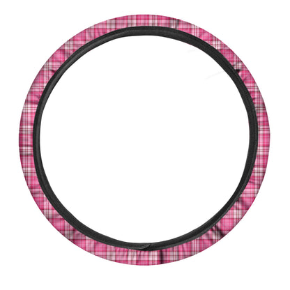Pink And White Tartan Pattern Print Car Steering Wheel Cover