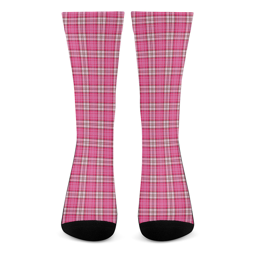 Pink And White Tartan Pattern Print Crew Socks