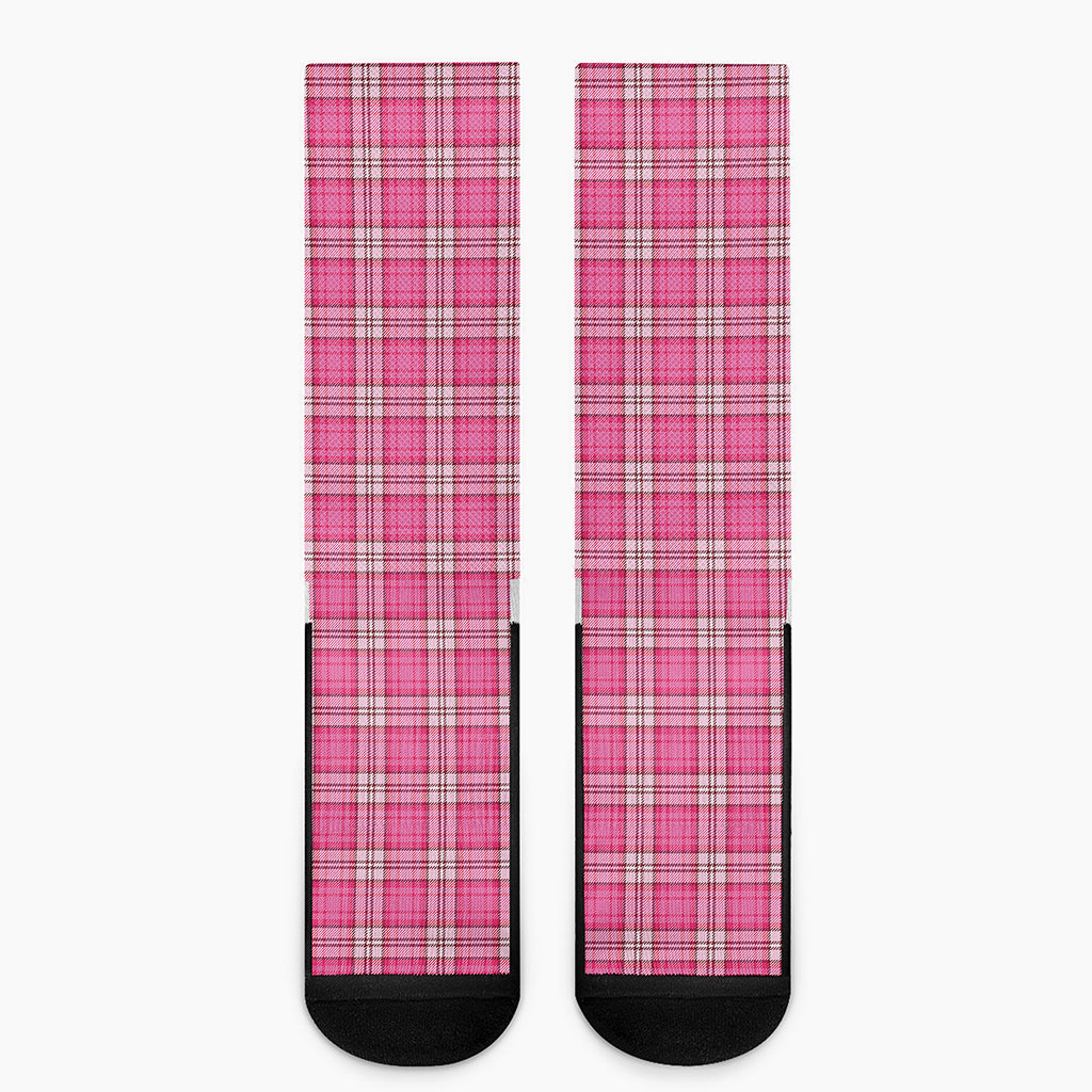 Pink And White Tartan Pattern Print Crew Socks