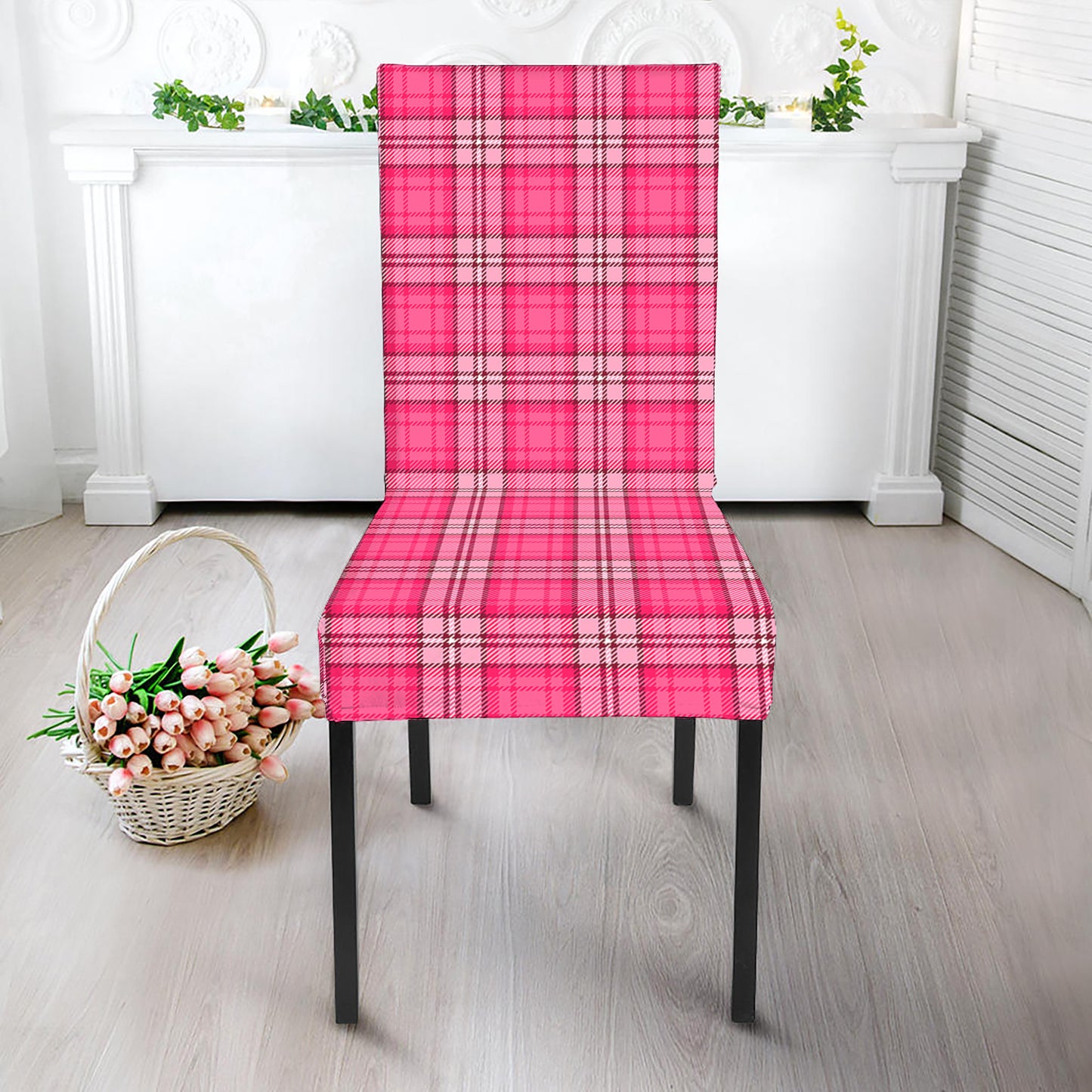 Pink And White Tartan Pattern Print Dining Chair Slipcover