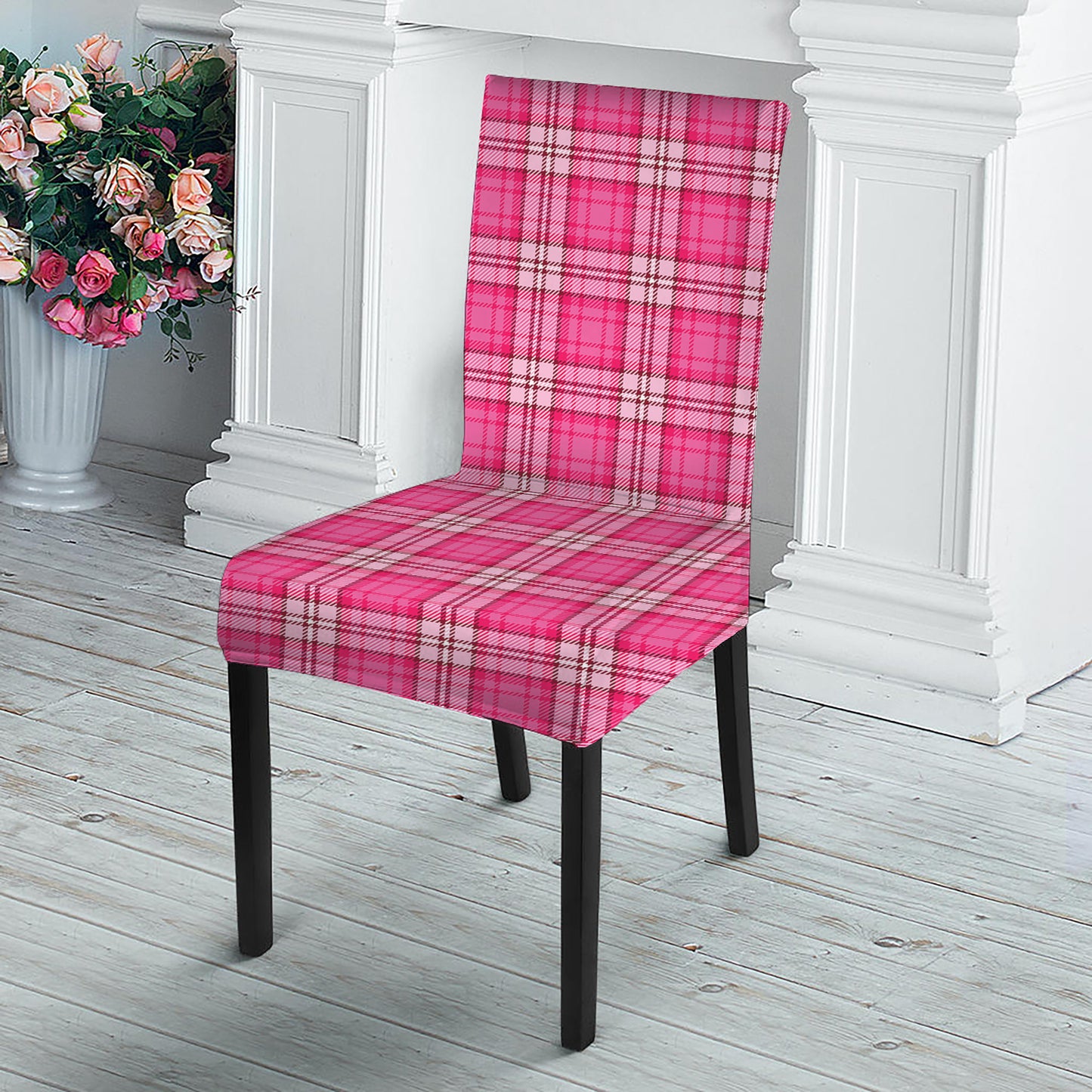 Pink And White Tartan Pattern Print Dining Chair Slipcover