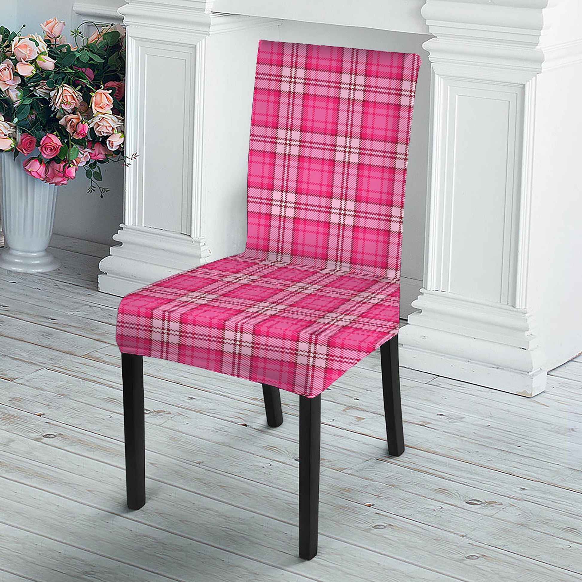 Pink And White Tartan Pattern Print Dining Chair Slipcover
