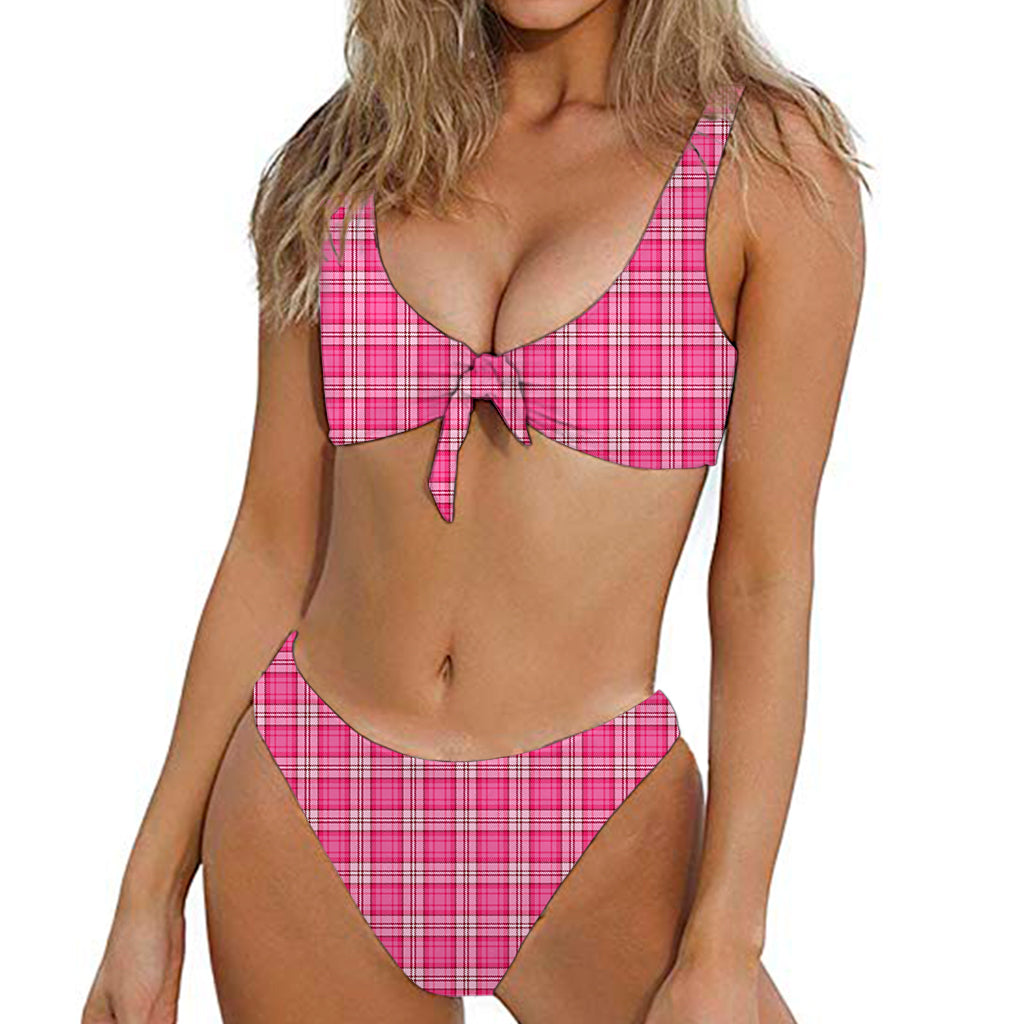 Pink And White Tartan Pattern Print Front Bow Tie Bikini