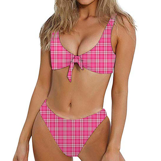 Pink And White Tartan Pattern Print Front Bow Tie Bikini