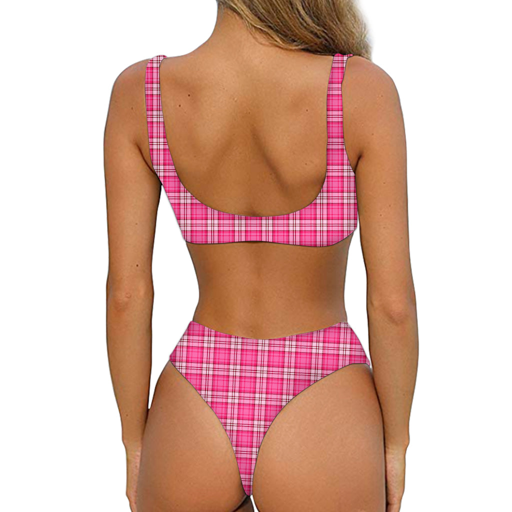 Pink And White Tartan Pattern Print Front Bow Tie Bikini