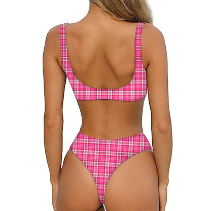 Pink And White Tartan Pattern Print Front Bow Tie Bikini