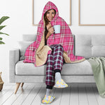 Pink And White Tartan Pattern Print Hooded Blanket
