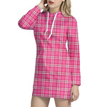 Pink And White Tartan Pattern Print Hoodie Dress