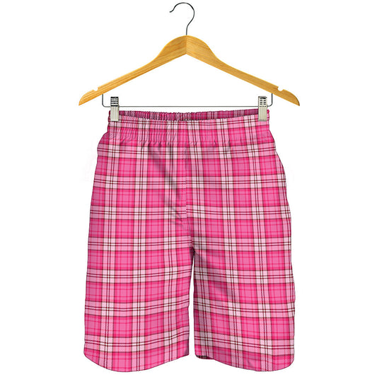 Pink And White Tartan Pattern Print Men's Shorts