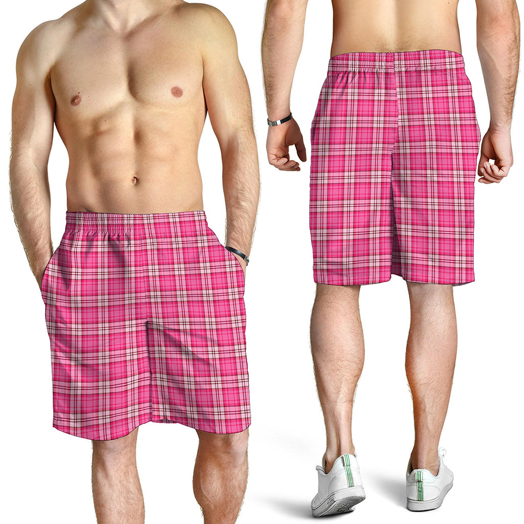 Pink And White Tartan Pattern Print Men's Shorts