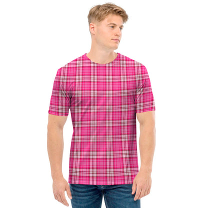 Pink And White Tartan Pattern Print Men's T-Shirt