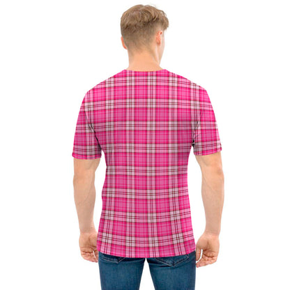 Pink And White Tartan Pattern Print Men's T-Shirt