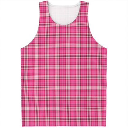 Pink And White Tartan Pattern Print Men's Tank Top
