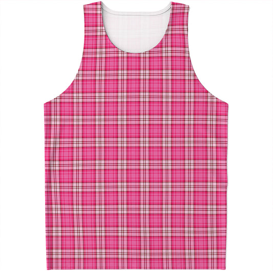 Pink And White Tartan Pattern Print Men's Tank Top