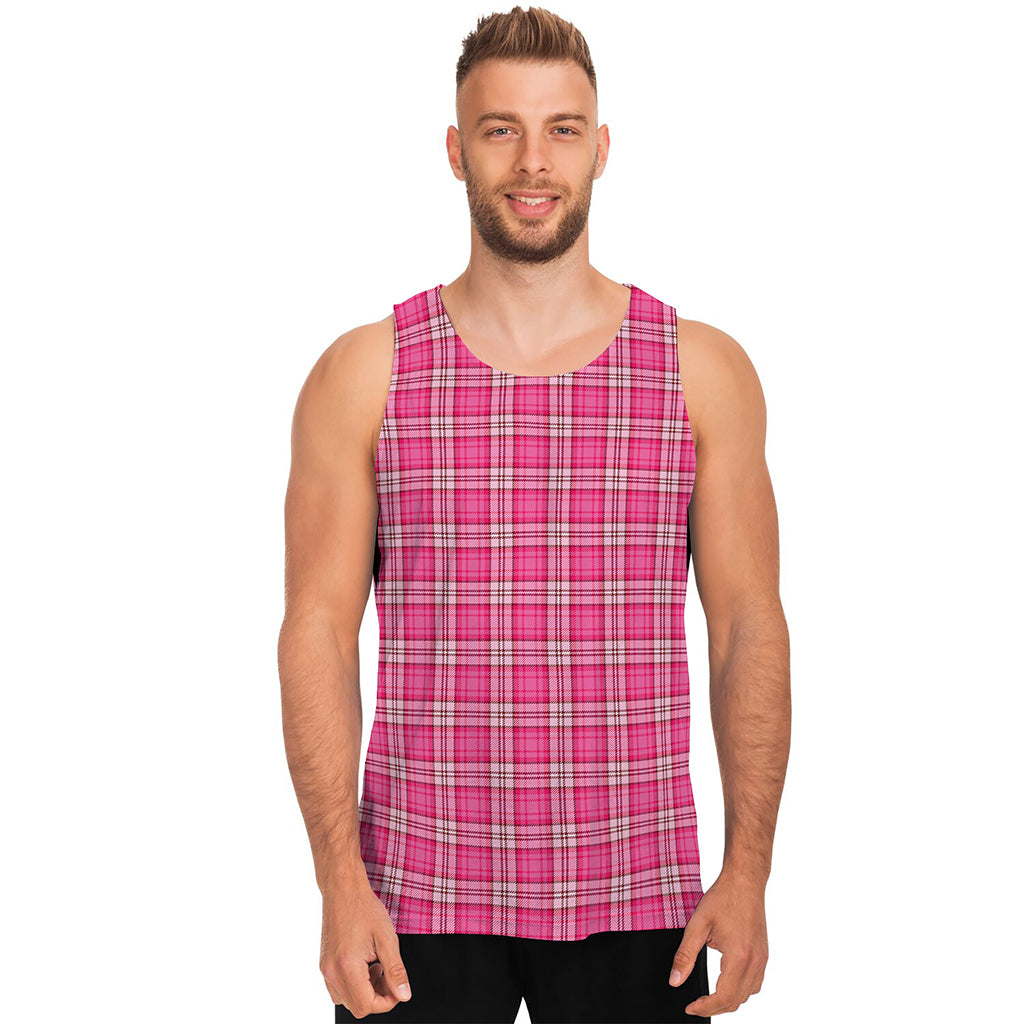 Pink And White Tartan Pattern Print Men's Tank Top