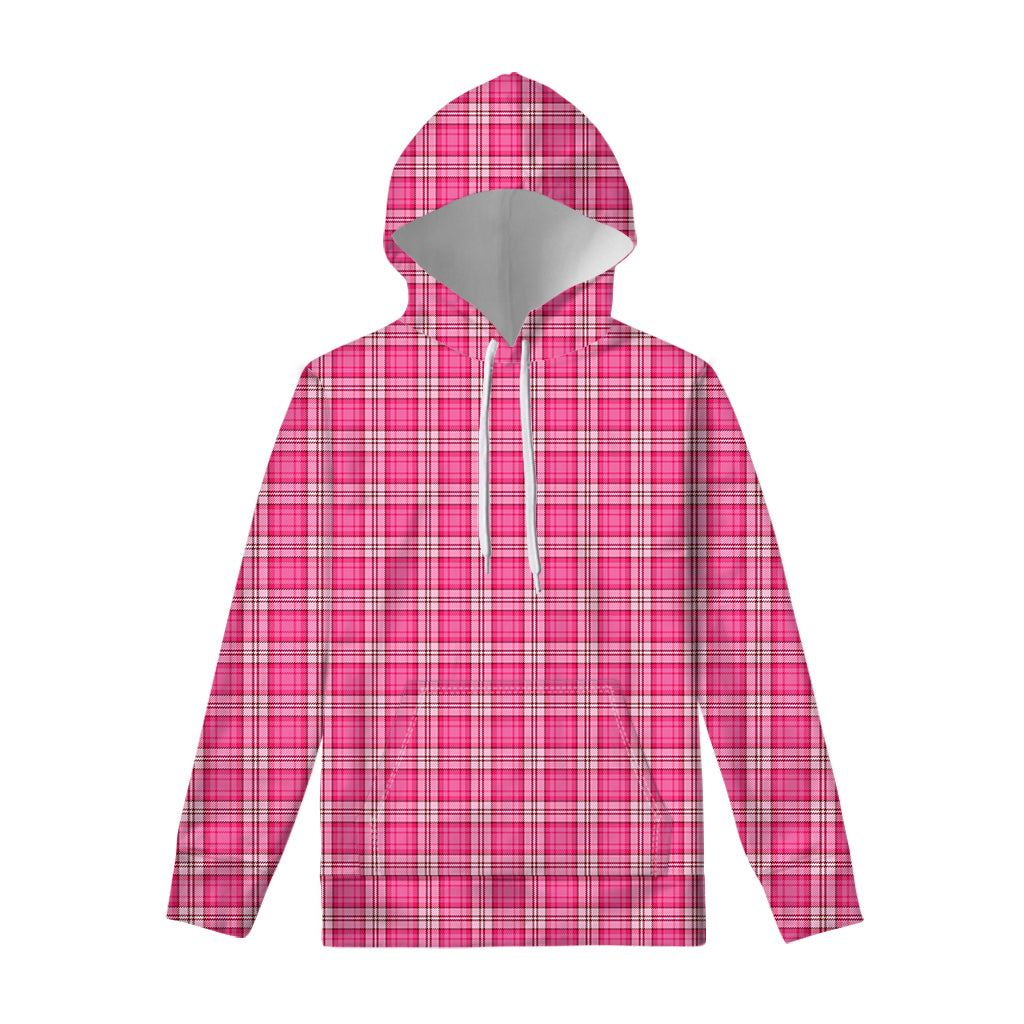 Pink And White Tartan Pattern Print Pullover Hoodie
