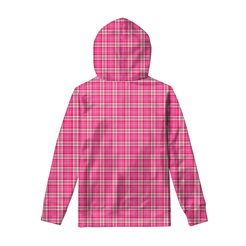 Pink And White Tartan Pattern Print Pullover Hoodie