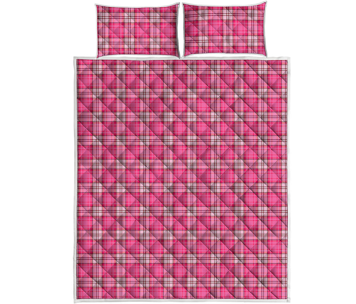 Pink And White Tartan Pattern Print Quilt Bed Set