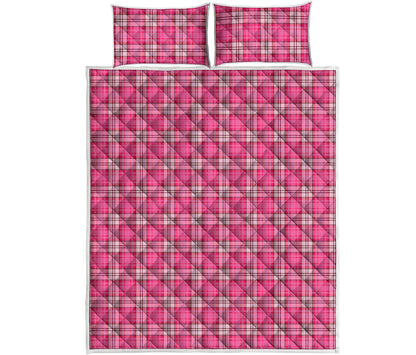 Pink And White Tartan Pattern Print Quilt Bed Set