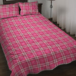 Pink And White Tartan Pattern Print Quilt Bed Set