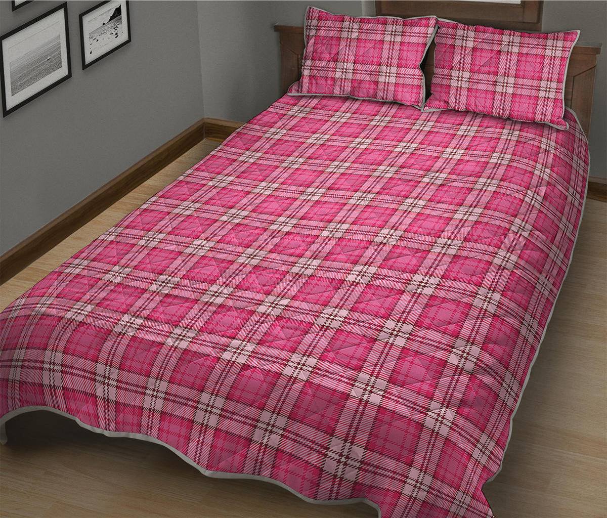 Pink And White Tartan Pattern Print Quilt Bed Set