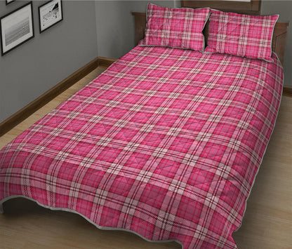Pink And White Tartan Pattern Print Quilt Bed Set