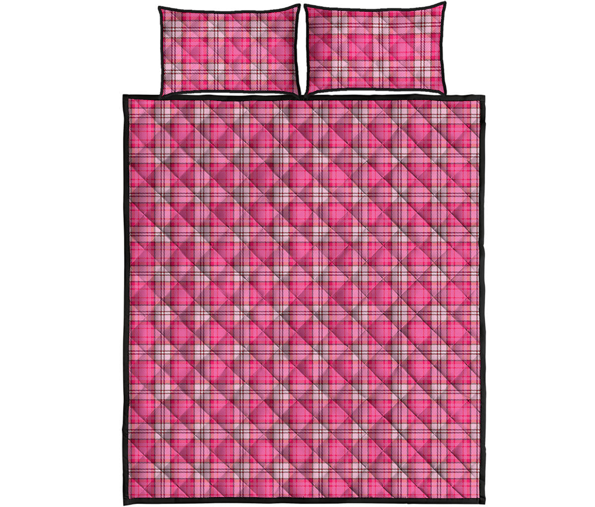 Pink And White Tartan Pattern Print Quilt Bed Set