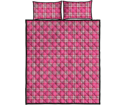 Pink And White Tartan Pattern Print Quilt Bed Set