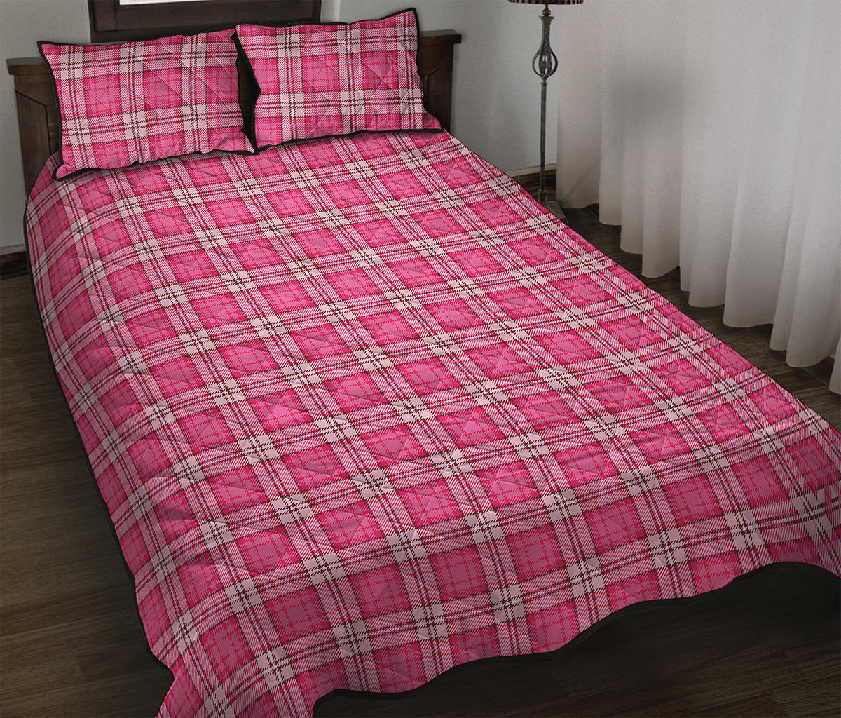 Pink And White Tartan Pattern Print Quilt Bed Set