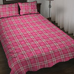 Pink And White Tartan Pattern Print Quilt Bed Set