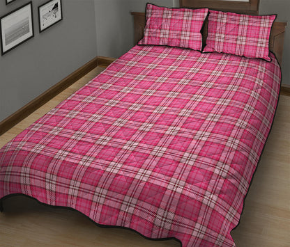 Pink And White Tartan Pattern Print Quilt Bed Set
