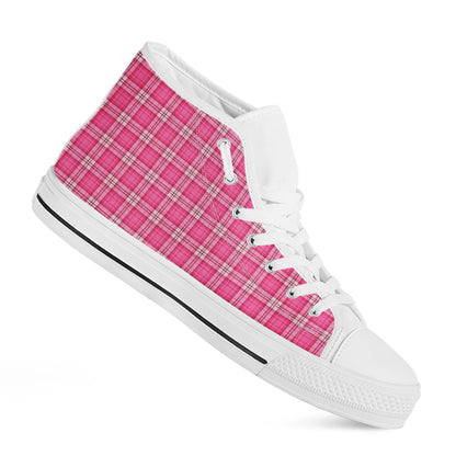 Pink And White Tartan Pattern Print White High Top Shoes