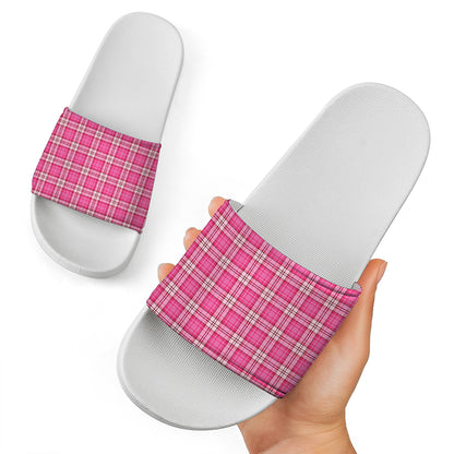 Pink And White Tartan Pattern Print White Slide Sandals
