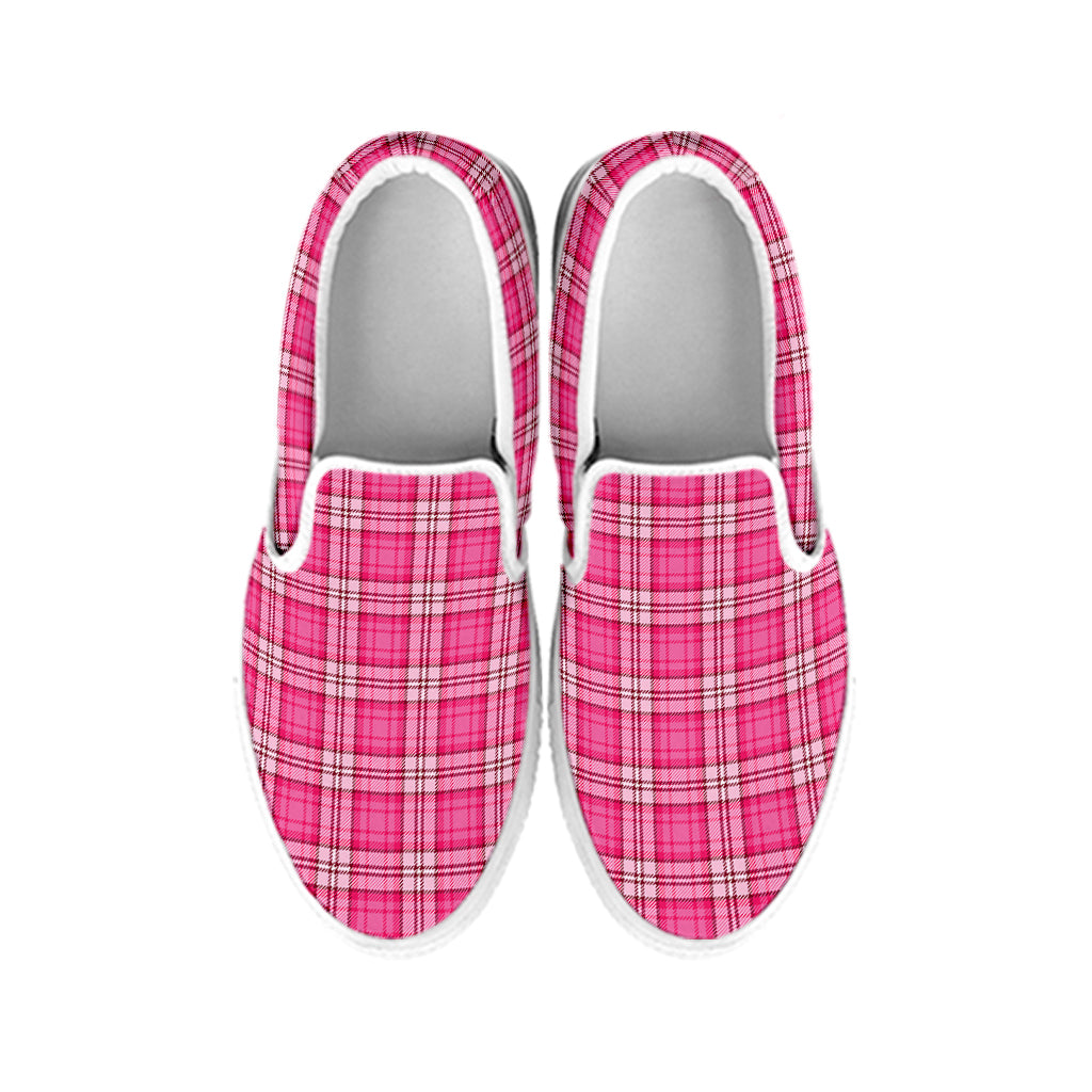 Pink And White Tartan Pattern Print White Slip On Shoes