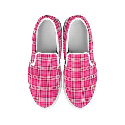 Pink And White Tartan Pattern Print White Slip On Shoes