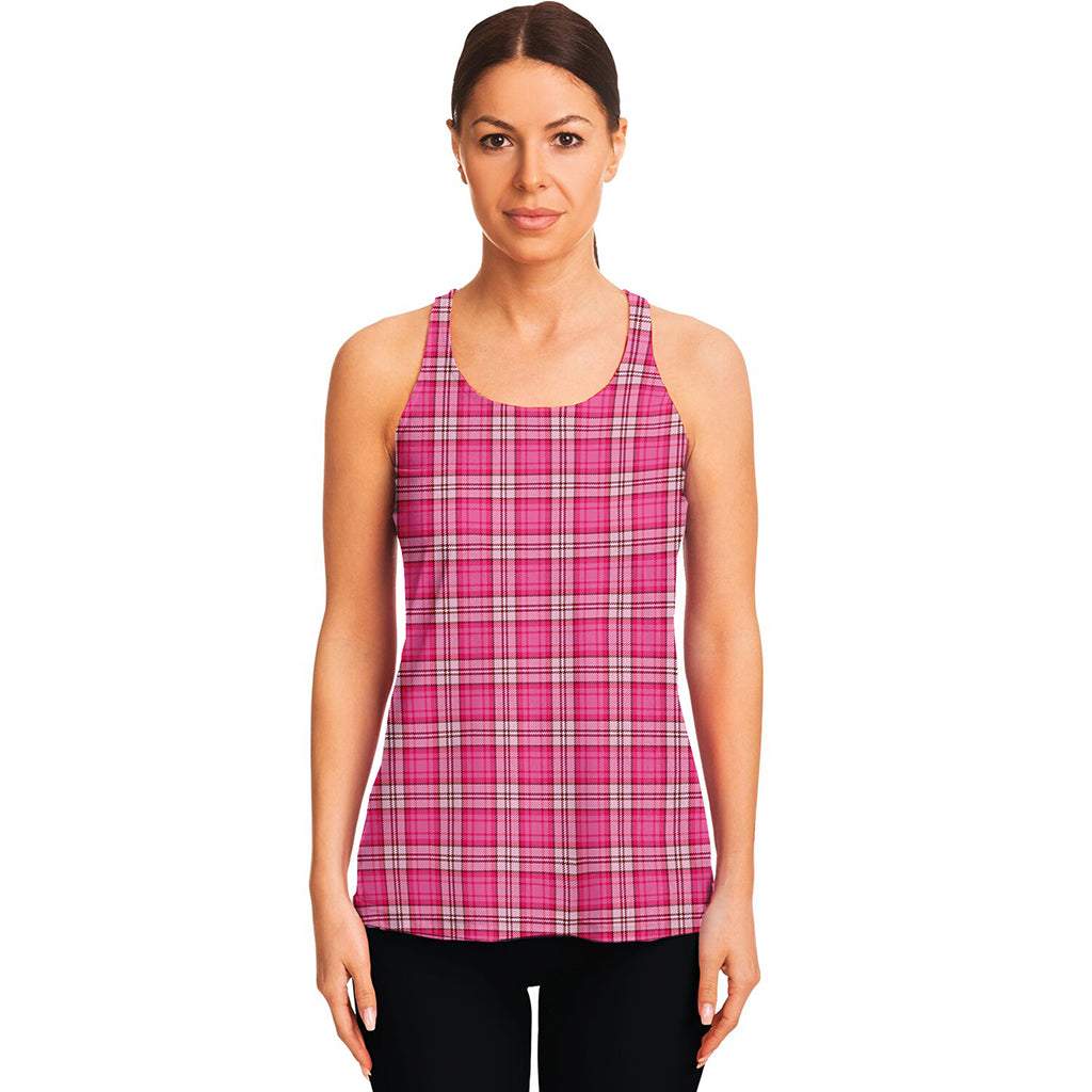 Pink And White Tartan Pattern Print Women's Racerback Tank Top