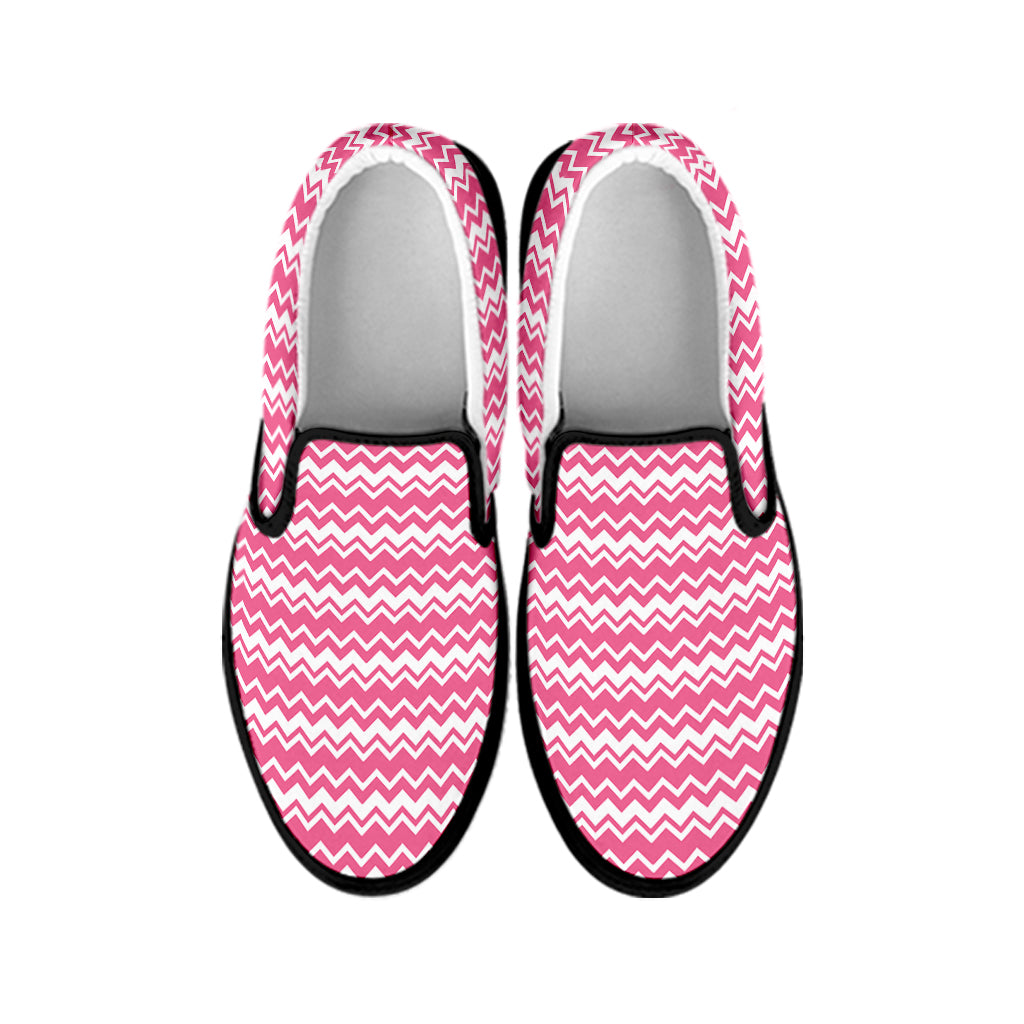 Pink And White Zigzag Pattern Print Black Slip On Shoes