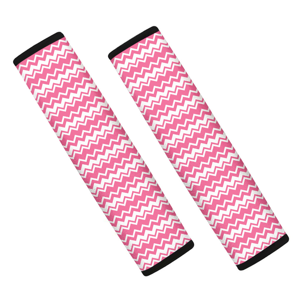 Pink And White Zigzag Pattern Print Car Seat Belt Covers