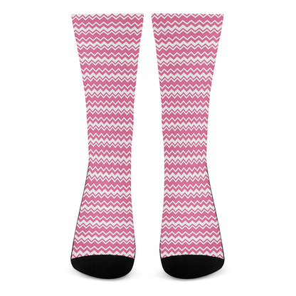 Pink And White Zigzag Pattern Print Crew Socks