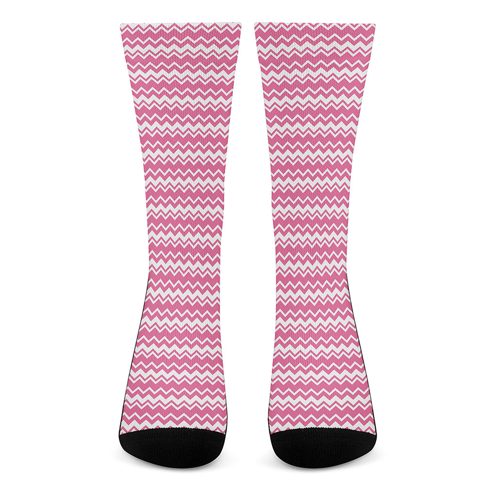 Pink And White Zigzag Pattern Print Crew Socks