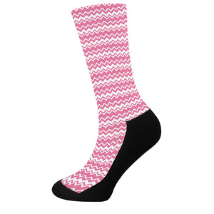 Pink And White Zigzag Pattern Print Crew Socks