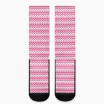 Pink And White Zigzag Pattern Print Crew Socks